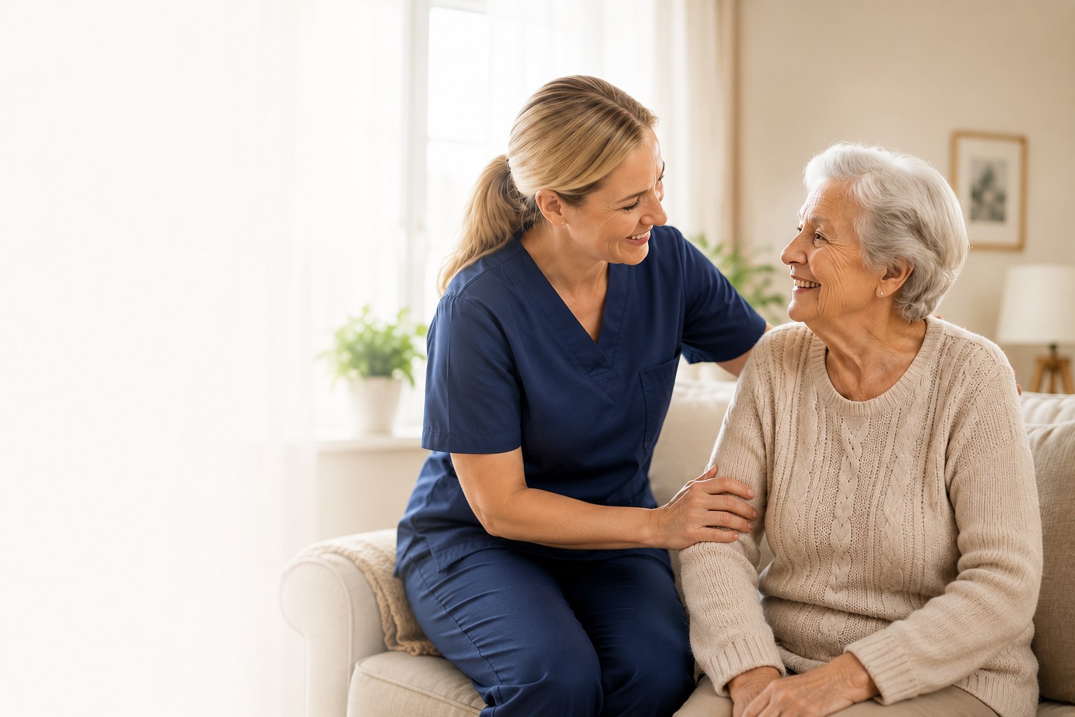 A compassionate caregiver spending time with an older woman at home